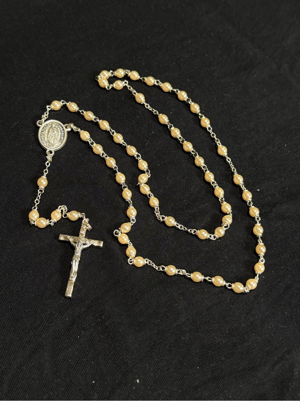 Pearl Bead Rosary Necklace with Silver Crucifix